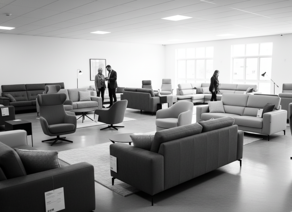 Monochromatyczny widok przestronnego salonu meblowego z różnorodnymi kanapami, fotelami i sofami. Kilku klientów,  ogląda meble, stojąc przy poszczególnych ekspozycjach. W pomieszczeniu panuje porządek, jest jasno i nowocześnie. Niektórzy klienci rozmawiają ze sobą lub z pracownikiem sklepu. Na meblach widoczne są etykiety cenowe.