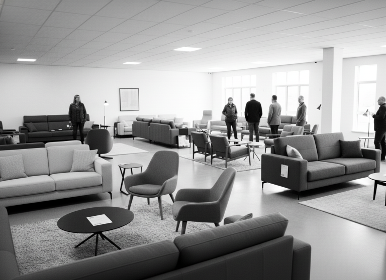 Monochromatyczny widok przestronnego salonu meblowego z różnorodnymi kanapami, fotelami i sofami. Kilku klientów, ogląda meble, stojąc przy poszczególnych ekspozycjach. W pomieszczeniu panuje porządek, jest jasno i nowocześnie. Niektórzy klienci rozmawiają ze sobą lub z pracownikiem sklepu. Na meblach widoczne są etykiety cenowe.