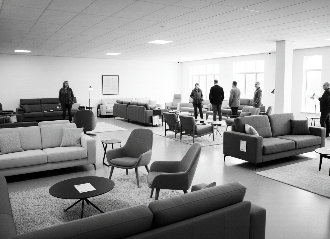 Monochromatyczny widok przestronnego salonu meblowego z różnorodnymi kanapami, fotelami i sofami. Kilku klientów, ogląda meble, stojąc przy poszczególnych ekspozycjach. W pomieszczeniu panuje porządek, jest jasno i nowocześnie. Niektórzy klienci rozmawiają ze sobą lub z pracownikiem sklepu. Na meblach widoczne są etykiety cenowe.