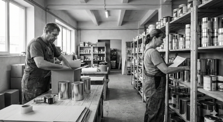 Czarno-białe zdjęcie przedstawia dwoje pracowników, mężczyznę i kobietę w średnim wieku, ubranych w robocze kombinezony, pracujących w magazynie. Mężczyzna po lewej stronie pakuje metalowe puszki do kartonowego pudełka przy drewnianym stole, na którym leży dyspenser do taśmy. Kobieta po prawej stronie stoi przy wysokim metalowym regale wypełnionym puszkami, trzymając w rękach papierową listę i sprawdzając asortyment. Pomieszczenie jest duże, z betonową podłogą, oświetlone światłem wpadającym przez duże okna po lewej stronie oraz lampami sufitowymi. W tle widać kolejne regały i stosy kartonów.