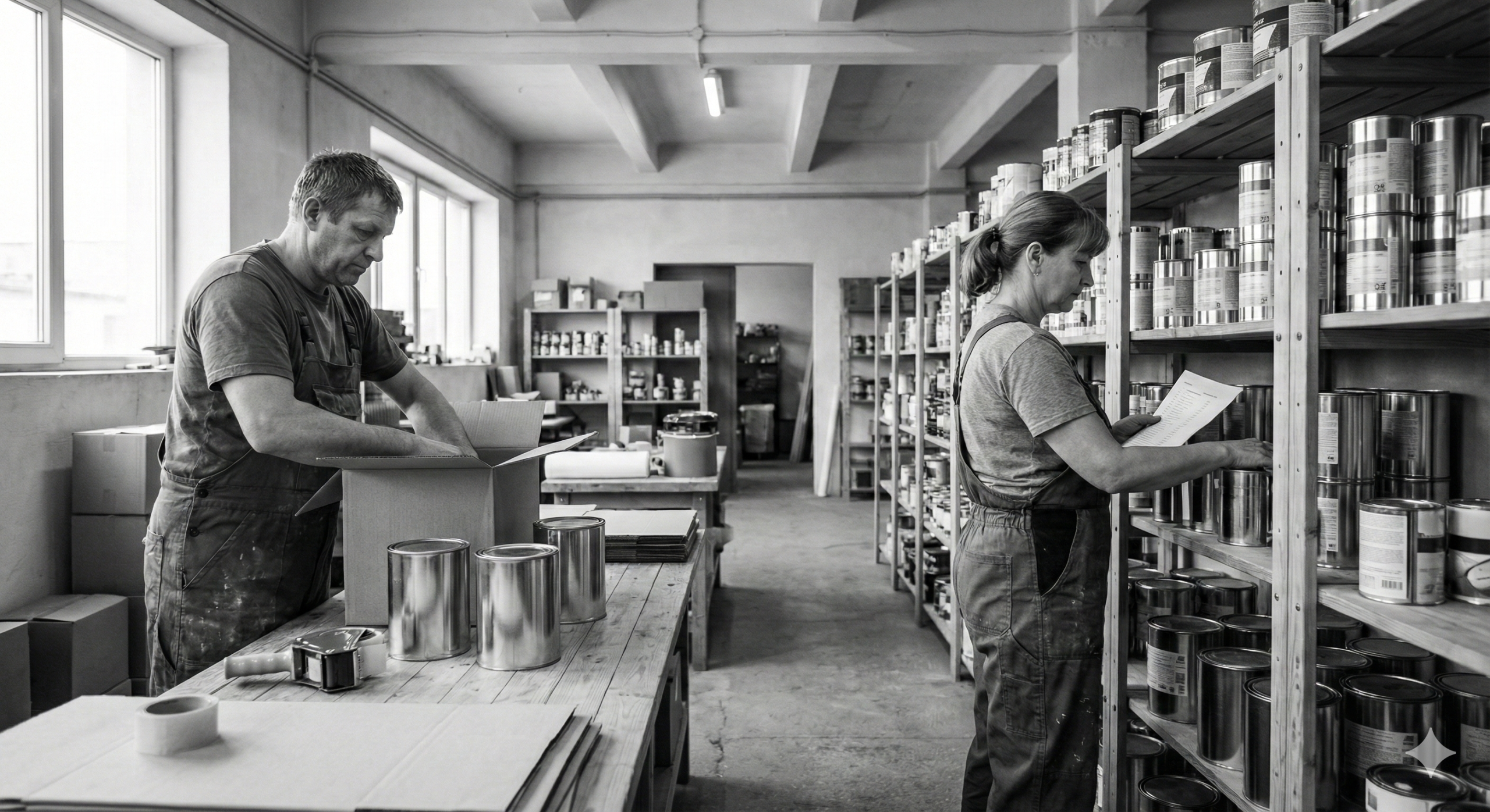 Czarno-białe zdjęcie przedstawia dwoje pracowników, mężczyznę i kobietę w średnim wieku, ubranych w robocze kombinezony, pracujących w magazynie. Mężczyzna po lewej stronie pakuje metalowe puszki do kartonowego pudełka przy drewnianym stole, na którym leży dyspenser do taśmy. Kobieta po prawej stronie stoi przy wysokim metalowym regale wypełnionym puszkami, trzymając w rękach papierową listę i sprawdzając asortyment. Pomieszczenie jest duże, z betonową podłogą, oświetlone światłem wpadającym przez duże okna po lewej stronie oraz lampami sufitowymi. W tle widać kolejne regały i stosy kartonów.