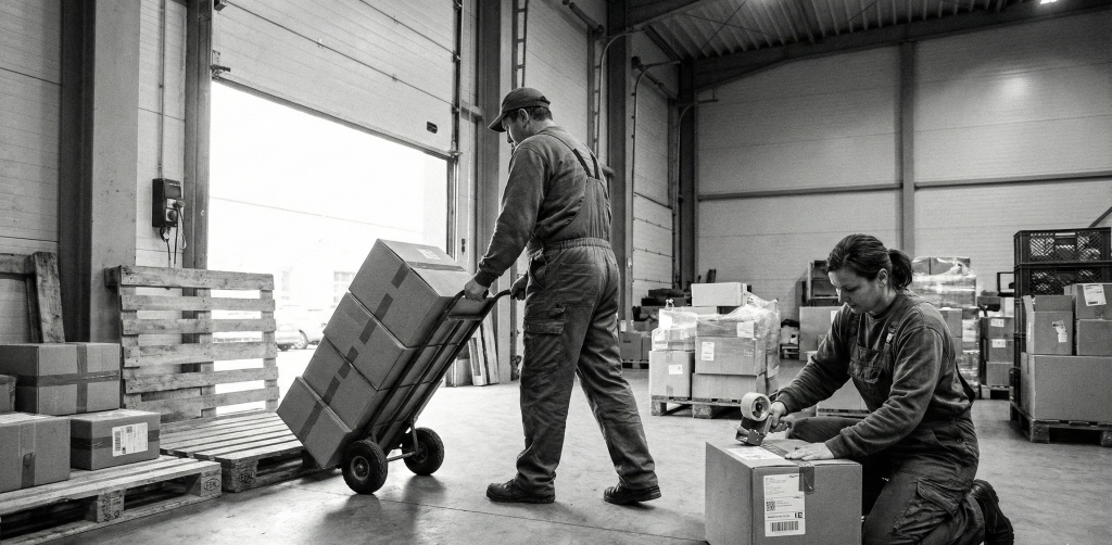 Czarno-białe zdjęcie reporterskie z wnętrza magazynu, ukazujące proces przygotowania do wysyłki. Po lewej stronie mężczyzna w ubraniu roboczym używa dwukołowego wózka transportowego (rudla), aby przewieźć stos zaklejonych taśmą kartonów na drewnianą paletę. Po prawej stronie kobieta klęczy przy palecie i ręcznie nakleja etykietę adresową na jedną z paczek, trzymając w ręku dyspenser do taśmy. W tle widać otwartą bramę załadunkową, przez którą wpada dzienne światło, oraz ułożone w stosy kolejne paczki gotowe do odbioru przez kuriera. Scena jest dynamiczna i oddaje atmosferę ciężkiej pracy fizycznej.