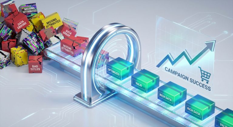 Ilustracja przedstawiająca proces optymalizacji danych: chaotyczne kostki z błędami przechodzą przez filtr na taśmociągu, zmieniając się w uporządkowane, wartościowe dane prowadzące do sukcesu kampanii.