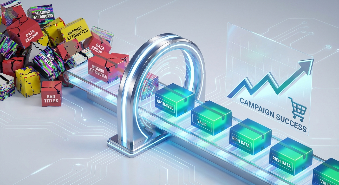 Ilustracja przedstawiająca proces optymalizacji danych: chaotyczne kostki z błędami przechodzą przez filtr na taśmociągu, zmieniając się w uporządkowane, wartościowe dane prowadzące do sukcesu kampanii.