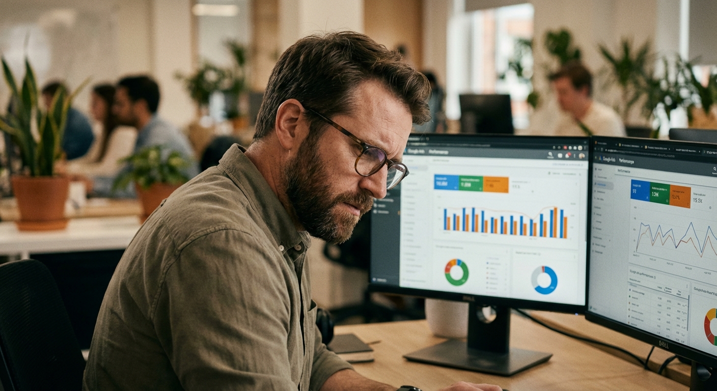 Mężczyzna w okularach i z brodą, w średnim wieku, siedzi przy biurku w biurze i wpatruje się w dwa monitory komputerowe. Na ekranach wyświetlane są kolorowe wykresy i dane analityczne, w tym pulpit nawigacyjny z napisem "Google Ads". W tle widać innych pracowników i rośliny doniczkowe w rozmytym biurze typu open space.