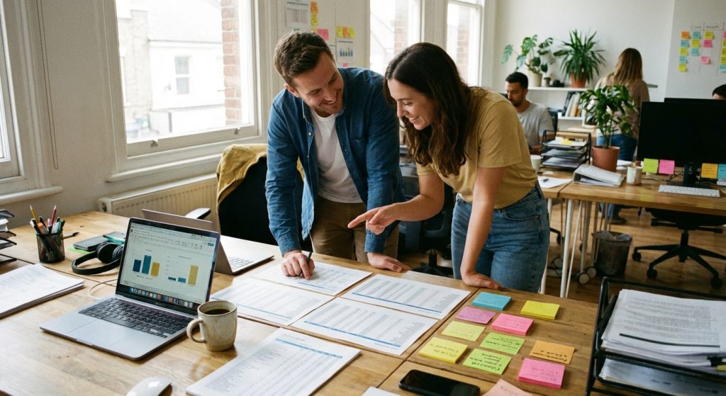 Dwoje uśmiechniętych współpracowników, mężczyzna i kobieta, stoi przy drewnianym biurku w jasnym biurze. Kobieta wskazuje palcem na jeden z wielu wydrukowanych dokumentów z tabelami i wykresami, które leżą na blacie. Obok nich znajduje się otwarty laptop z wykresami, kubek kawy oraz kolorowe karteczki samoprzylepne. W tle widać innych pracowników i duże okna.