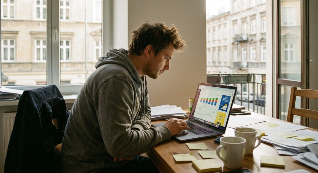 Mężczyzna w szarej bluzie z kapturem siedzi przy drewnianym stole i pracuje na laptopie, na którego ekranie widoczne są kolorowe wykresy i dane. Na stole wokół komputera rozrzucone są żółte karteczki samoprzylepne, notatki oraz dwa białe kubki. W tle widać duże okna wychodzące na europejską architekturę miejską.