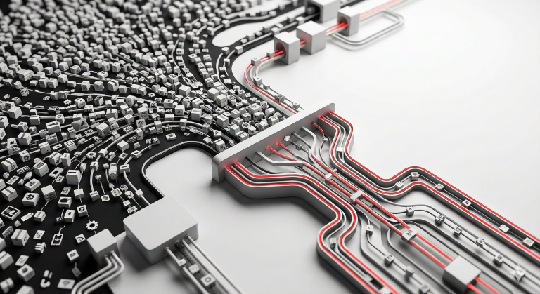 Nowoczesna, czarno-biała ilustracja z czerwonymi akcentami, przedstawiająca proces porządkowania danych produktowych. Po lewej stronie widoczne jest chaotyczne skupisko drobnych elementów symbolizujących surowe dane, które przechodzą przez centralny filtr i zamieniają się w przejrzyste, uporządkowane ścieżki logiczne po prawej stronie.