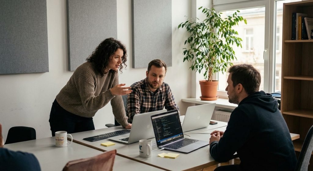 Kobieta z ciemnymi kręconymi włosami gestykuluje, tłumacząc coś dwóm mężczyznom siedzącym przy wspólnym stole z laptopami. Na biurku widać kubki, notatki samoprzylepne i otwarty edytor kodu na jednym z ekranów.