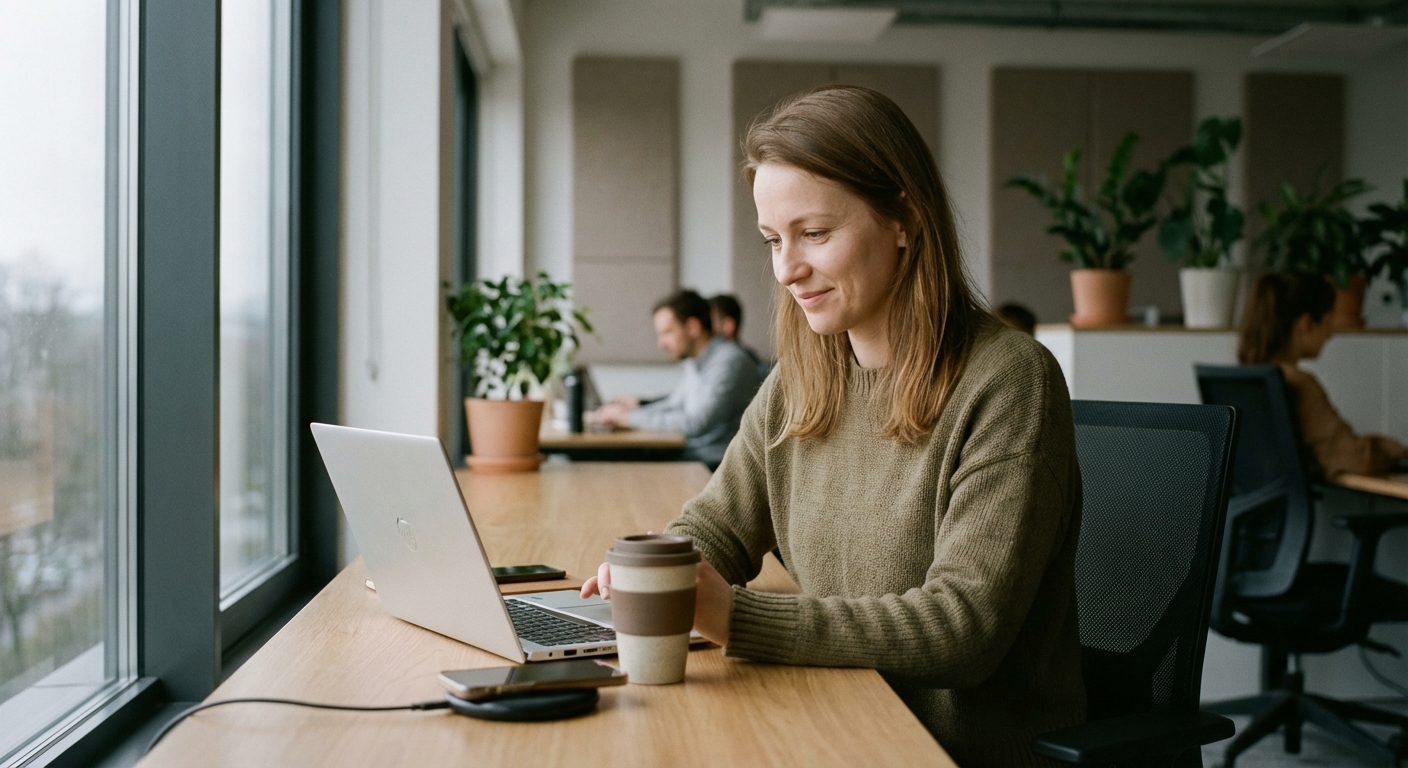 Kobieta siedząca przy oknie w biurze, używająca laptopa. Na biurku obok niej stoi kubek z kawą i ładujący się telefon. W tle widać innych pracowników oraz rośliny doniczkowe, co nadaje wnętrzu przyjazny klimat.