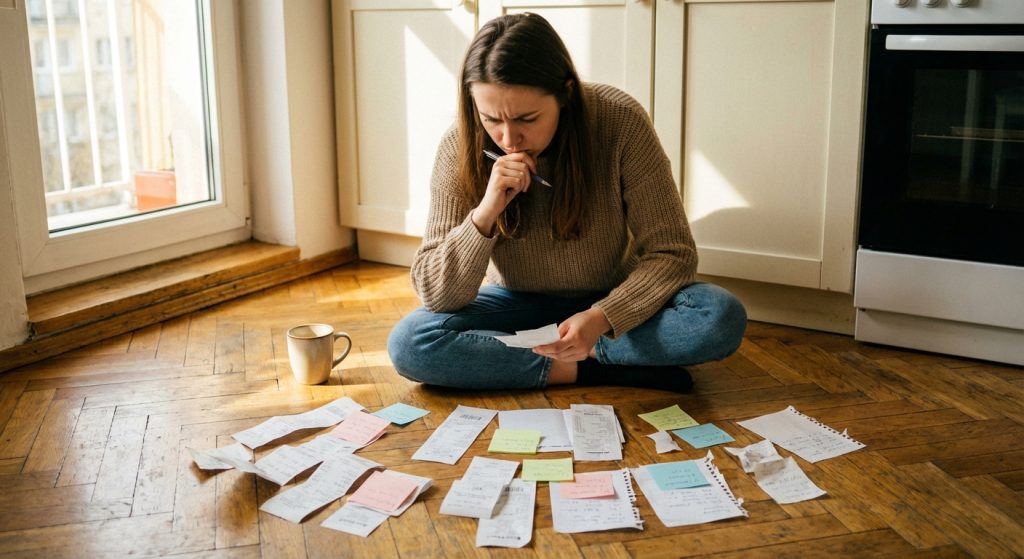 Młoda kobieta w beżowym swetrze i dżinsach siedzi na drewnianym parkiecie w kuchni. Przed nią leży mnóstwo paragonów i kolorowych karteczek samoprzylepnych. Kobieta ma zmartwioną minę i trzyma długopis, intensywnie analizując wydatki. Obok niej stoi kubek, a w tle widać szafki kuchenne i okno balkonowe, przez które wpada słońce.