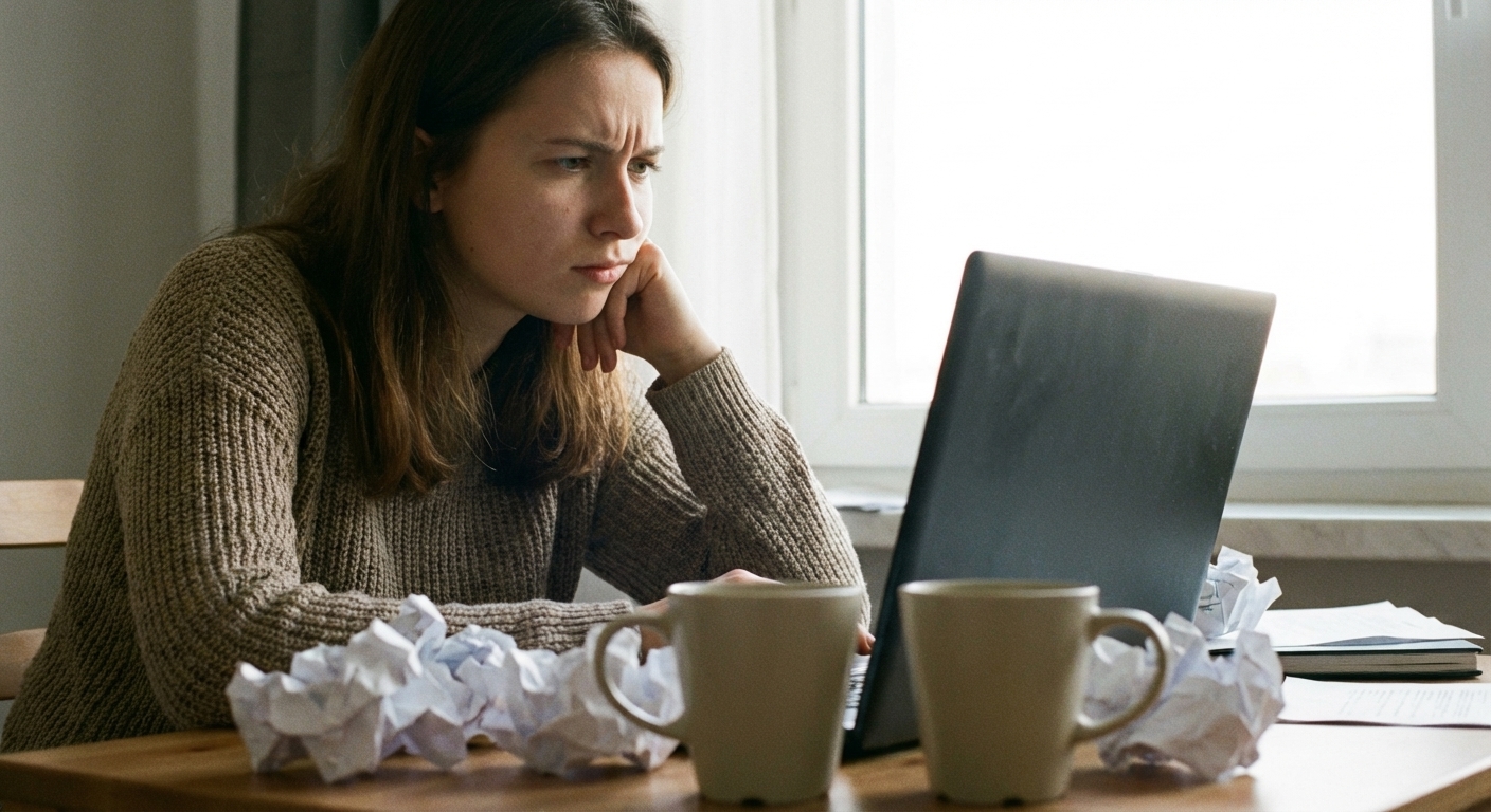 Kobieta w brązowym swetrze siedzi przy drewnianym stole, opierając podbródek na dłoni i z zaniepokojeniem patrząc w ekran laptopa. Na blacie panuje nieład: porozrzucane kule z pogniecionego papieru oraz dwa jasne kubki. W tle widać okno, przez które wpada dzienne światło, podkreślając atmosferę ciężkiej pracy nad trudnym zadaniem.