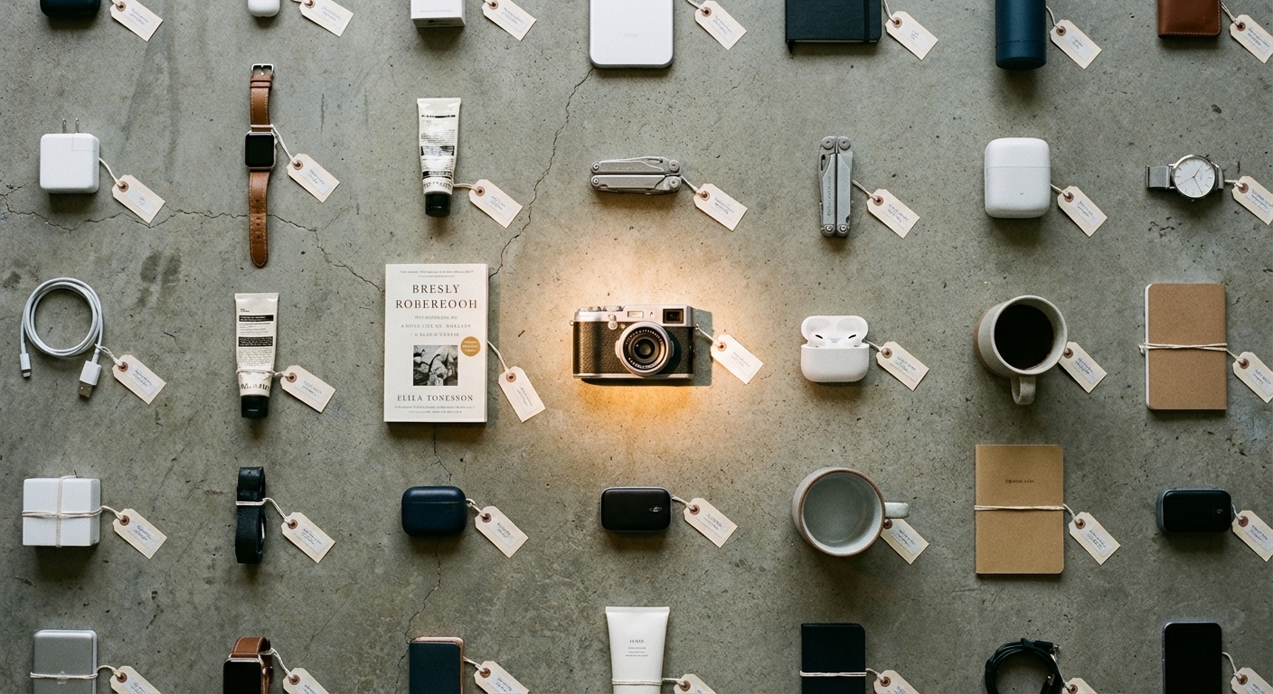 Widok z góry na liczne przedmioty codziennego użytku rozłożone równomiernie na szarej, betonowej powierzchni. W centralnym punkcie znajduje się aparat fotograficzny w stylu retro, który jest podkreślony przez punktowe światło. Każdy z pozostałych przedmiotów – w tym zegarki, słuchawki bezprzewodowe, notesy, kosmetyki w tubkach, kable USB oraz multitool – ma przyczepioną małą, papierową metkę na sznurku. Po lewej stronie aparatu leży książka o jasnej okładce z widocznym nazwiskiem autora, a po prawej stronie widać dwa ceramiczne kubki oraz etui na słuchawki. Całość tworzy uporządkowaną kompozycję typu "flat lay".