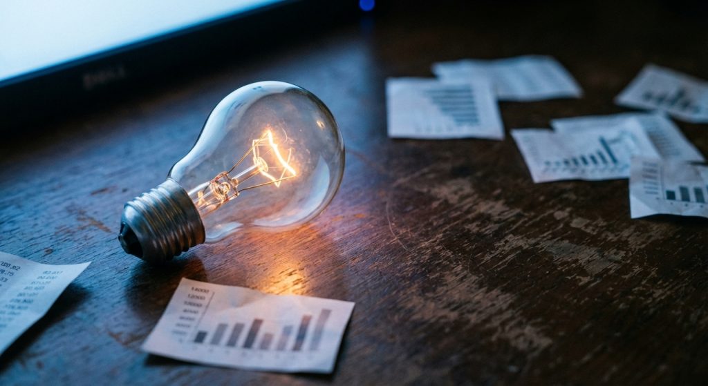 Zapalona, klasyczna żarówka leży na ciemnym, porysowanym drewnianym stole, emitując ciepłe światło. Wokół niej rozrzucone są małe skrawki papieru z wydrukowanymi wykresami słupkowymi. W lewym górnym rogu widać fragment krawędzi monitora.