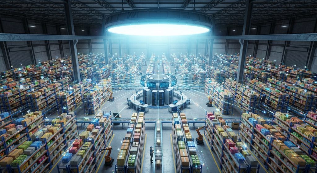 Szerokie, fotorealistyczne ujęcie z góry na wnętrze gigantycznego, ultranowoczesnego, wysoce zautomatyzowanego magazynu logistycznego. Tysiące regałów wypełnionych paczkami o różnych rozmiarach i kolorach rozmieszczonych jest w skomplikowany, koncentryczny wzór, zbiegający się w centralnym punkcie. Nad tym centralnym hubem technologicznym znajduje się wielka, okrągła, świecąca w dół struktura, rzucająca jasny, biały słup światła na serwery i ekipy operatorów w środku. Od centralnego hubu promieniście odchodzą cienkie, świecące linie cyfrowe, łączące go z niezliczonymi paczkami na regałach, nad którymi unosi się siatka cyfrowych kodów identyfikacyjnych. Na korytarzach widać kilka pomarańczowych ramion robotów przemysłowych, a w dolnej części, na pierwszym planie, pojedynczy pracownik obsługuje przenośnik taśmowy, co podkreśla gigantyczną skalę obiektu. Całe wnętrze jest czyste, oświetlone chłodnym światłem LED i sprawia wrażenie hiper-wydajnego i w pełni cyfrowo zintegrowanego.