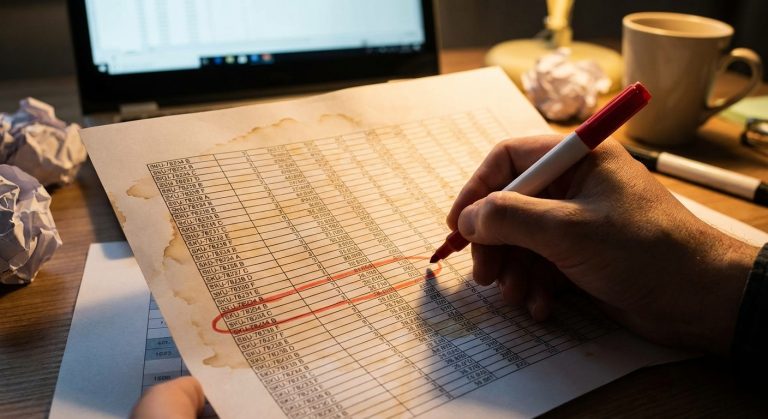 Widok z pierwszej osoby na osobę analizującą arkusz inwentaryzacyjny. Prawa dłoń z wyraźnym tatuażem kompasu i pióra trzyma czerwony marker i zaznacza wiersz SKU-78224 B. Wydrukowana tabela jest poplamiona kawą. Na drewnianym biurku znajdują się również: pogniecione kulki papieru, kubek, telefon i zamazany ekran laptopa z danymi. Oświetlenie jest ciepłe i strefowe.