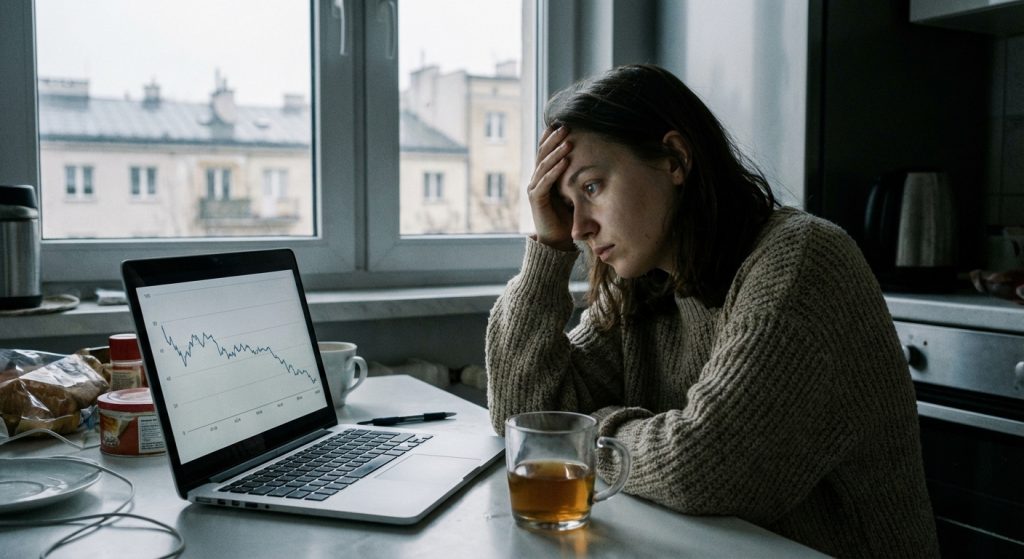 Ujęcie z profilu kobiety w beżowym, plecionym swetrze, siedzącej przy stole kuchennym z ręką opartą na czole. Wpatruje się w ekran laptopa, który pokazuje rosnący wykres w kolorze morskim. Na pierwszym planie stoi szklanka herbaty i talerzyk z jedzeniem. Oświetlenie jest naturalne, ale chłodne.