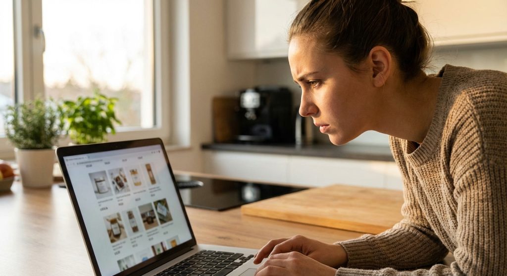 Kobieta w beżowym swetrze, o skupionej twarzy z wyraźnie zmarszczonymi brwiami, siedzi przy kuchennym blacie. Lewą ręką wskazuje palcem na ekran laptopa, na którym wyświetlana jest strona e-commerce z ofertą słoiczków z produktami (prawdopodobnie sery lub przetwory). Prawa dłoń, ozdobiona kilkoma srebrnymi pierścionkami o plecionym wzorze, spoczywa na klawiaturze. Tło to jasna kuchnia z oknem, doniczkami z ziołami i ekspresem do kawy. Naturalne, ciepłe światło wpada przez okno.