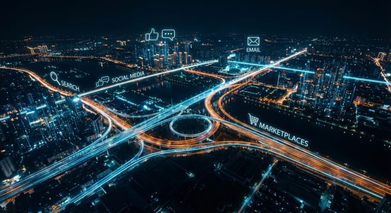 Widok z lotu ptaka na rozświetloną metropolię nocą, z wyraźnymi liniami świateł na autostradach i mostach. Nad infrastrukturą miasta unoszą się świecące, cyfrowe ikony i napisy symbolizujące różne kanały komunikacji: lupka (SEARCH), kciuk i dymek rozmowy (SOCIAL MEDIA), koperta (EMAIL) oraz koszyk zakupowy (MARKETPLACES). Grafika symbolizuje połączenie technologii, danych i handlu w nowoczesnym świecie.