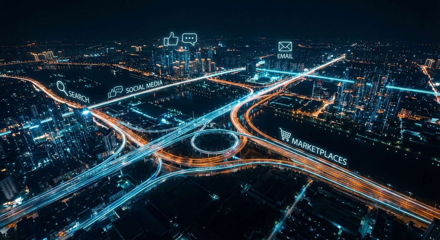Widok z lotu ptaka na rozświetloną metropolię nocą, z wyraźnymi liniami świateł na autostradach i mostach. Nad infrastrukturą miasta unoszą się świecące, cyfrowe ikony i napisy symbolizujące różne kanały komunikacji: lupka (SEARCH), kciuk i dymek rozmowy (SOCIAL MEDIA), koperta (EMAIL) oraz koszyk zakupowy (MARKETPLACES). Grafika symbolizuje połączenie technologii, danych i handlu w nowoczesnym świecie.