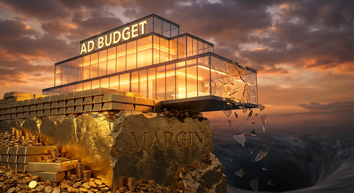 Dramatyczna, konceptualna grafika 3D przedstawia zderzenie budżetu reklamowego z marżą. W centrum znajduje się nowoczesny, wielopoziomowy szklany budynek na fundamencie ze złotych sztabek. Na dachu budynku widnieje podświetlany napis "AD BUDGET" (BUDŻET REKLAMOWY) w złotych literach. Prawa strona budynku wisi nad przepaścią i dramatycznie pęka, a liczne odłamki szkła spadają do mrocznego, wzburzonego wiru morskiego. Cały budynek stoi na masywnym bloku skalnym (prawdopodobnie złota ruda), na którym wyryty jest napis "MARGIN" (MARŻA) w złotych literach. Po lewej stronie widać dodatkowe stosy złotych monet i sztabek. W tle rozciąga się zachód słońca z dramatycznymi, pochmurnymi chmurami nad oceanem. Obraz symbolizuje ryzyko, jakie nadmierne wydatki reklamowe mogą stwarzać dla marży zysku, prowadząc do jej zniszczenia.