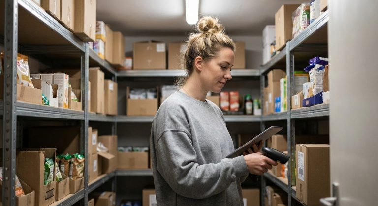 Kobieta o jasnych włosach upiętych w kok, ubrana w szarą bluzę, stoi w oświetlonym pomieszczeniu magazynowym otoczonym metalowymi regałami wypełnionymi kartonami i pakowaną żywnością. Kobieta patrzy w dół na ekran tabletu, który trzyma w lewej ręce, a prawą ręką obsługuje czarny skaner kodów kreskowych. Kartony mają naklejki z napisami. W tle widać fluorescencyjną lampę na suficie.