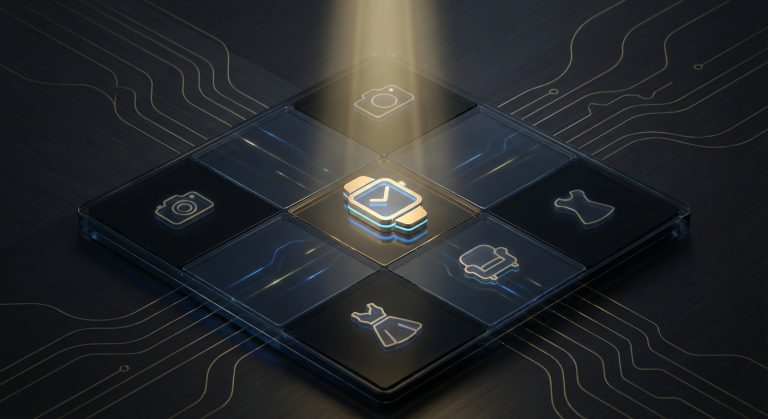 Futurologiczna grafika 3D przedstawiająca panel z ikonami produktów. Centralnie umieszczona, podświetlona ikona smartwatcha otoczona jest mniejszymi kafelkami z symbolami aparatu, sukienki i fotela na ciemnym tle z obwodami drukowanymi.