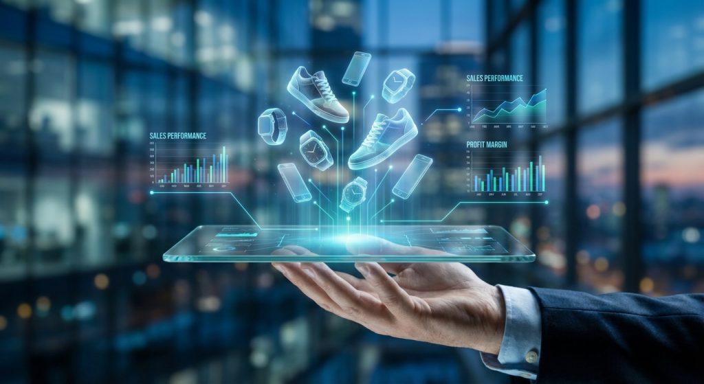 Cyfrowa kompozycja przedstawiająca dłoń w garniturze trzymającą futurystyczny szklany interfejs. Z urządzenia emanuje błękitne światło tworzące trójwymiarowe modele odzieży i elektroniki oraz panele analityczne z napisami „Sales Performance” i „Profit Margin”. Całość symbolizuje nowoczesny handel i analizę danych e-commerce.