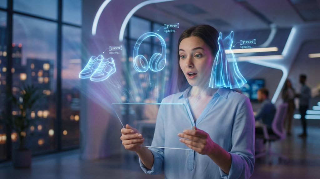Kobieta z wyrazem zdumienia trzyma w dłoniach przezroczysty, futurystyczny tablet, z którego emanują błękitne hologramy produktów. Nad urządzeniem unoszą się trójwymiarowe modele butów sportowych, słuchawek bezprzewodowych oraz sukienki, przy których widnieją cyfrowe metki z cenami. Tło stanowi nowocześnie urządzone, słabo oświetlone biuro z widokiem na wieczorną panoramę miasta za oknem.