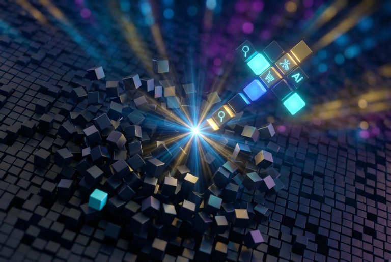 Abstrakcyjna grafika 3D przedstawiająca uderzenie świetlistego promienia w strukturę ciemnych sześcianów. Z miejsca kolizji rozlatują się mniejsze kostki, a w górę unosi się pionowa kolumna z podświetlonymi ikonami lupy, koszyka zakupowego oraz napisem „AI”.