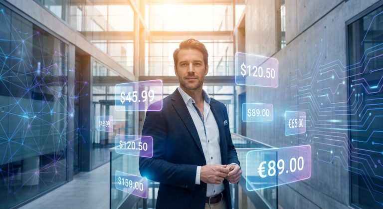 Mężczyzna w marynarce stoi w nowoczesnym, przeszklonym biurowcu, otoczony lewitującymi, półprzezroczystymi etykietami z cenami w dolarach i euro oraz grafikami przedstawiającymi sieć połączeń i ścieżki cyfrowe.