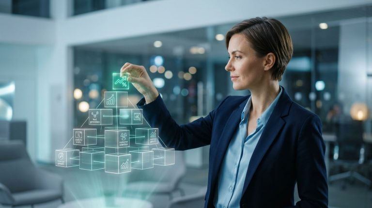 Menedżerka w marynarce układa trójwymiarową, świecącą strukturę z przezroczystych sześcianów, z których każdy reprezentuje inny wskaźnik biznesowy, taki jak generowanie liderów, ruch na stronie czy zatrzymanie klientów, w futurystycznym biurze.