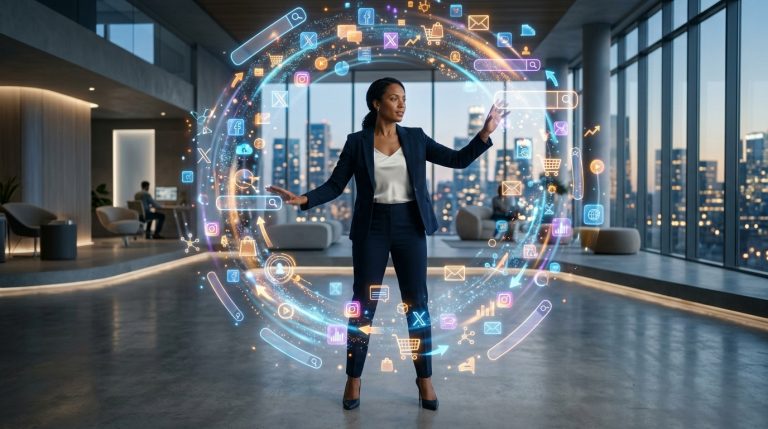 Grafika przedstawiająca czarnoskórą kobietę w granatowym garniturze, stojącą w przestronnym biurze z widokiem na miasto o zmroku. Kobieta wyciąga ręce w kierunku wirującej, holograficznej sfery danych, złożonej z różnokolorowych ikon (Instagram, e-mail, koszyk zakupowy, słupki danych, paski wyszukiwania), tworzących dynamiczny pierścień wokół niej.