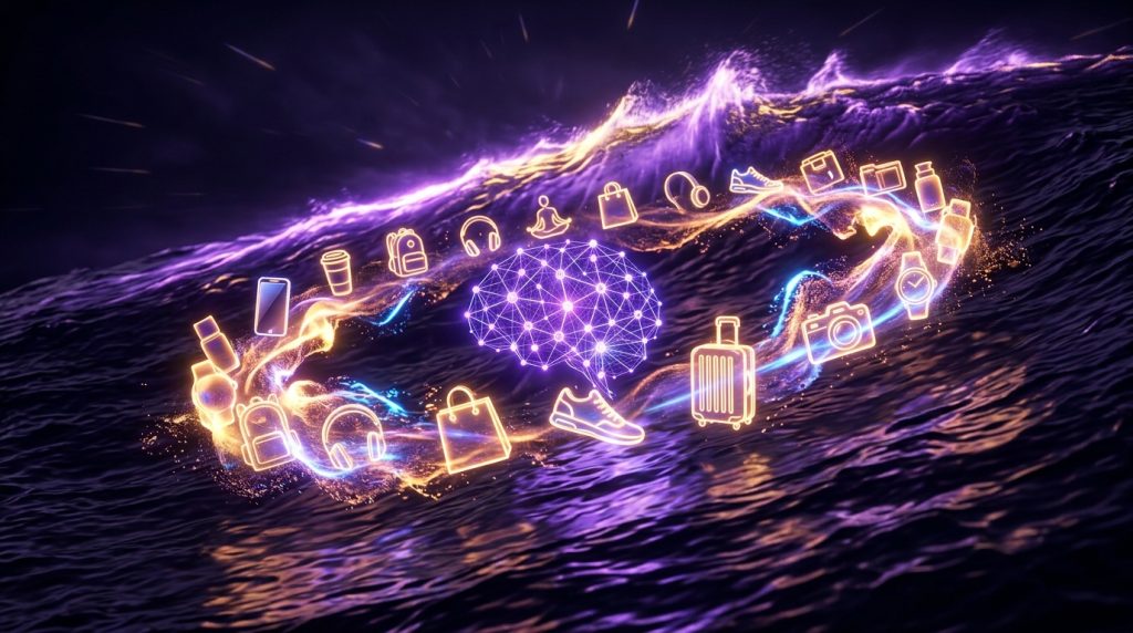 Abstrakcyjna ilustracja w ciemnej kolorystyce z dominacją fioletu i złota. W centrum znajduje się świecąca sieć w kształcie ludzkiego mózgu. Wokół niej wiruje świetlisty pierścień wypełniony neonowymi ikonami, takimi jak: słuchawki, buty sportowe, aparat fotograficzny, walizka, smartfon, torba na zakupy i kubek kawy. Całość unosi się nad dynamiczną powierzchnią falującego morza pod nocnym niebem.