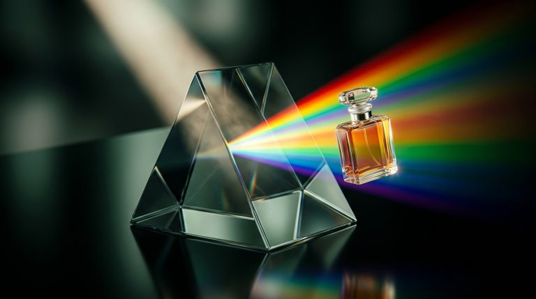 Szklany pryzmat rozszczepia promień światła na barwną tęczę, wewnątrz której, po prawej stronie, lewituje luksusowy flakon perfum z bursztynowym płynem.