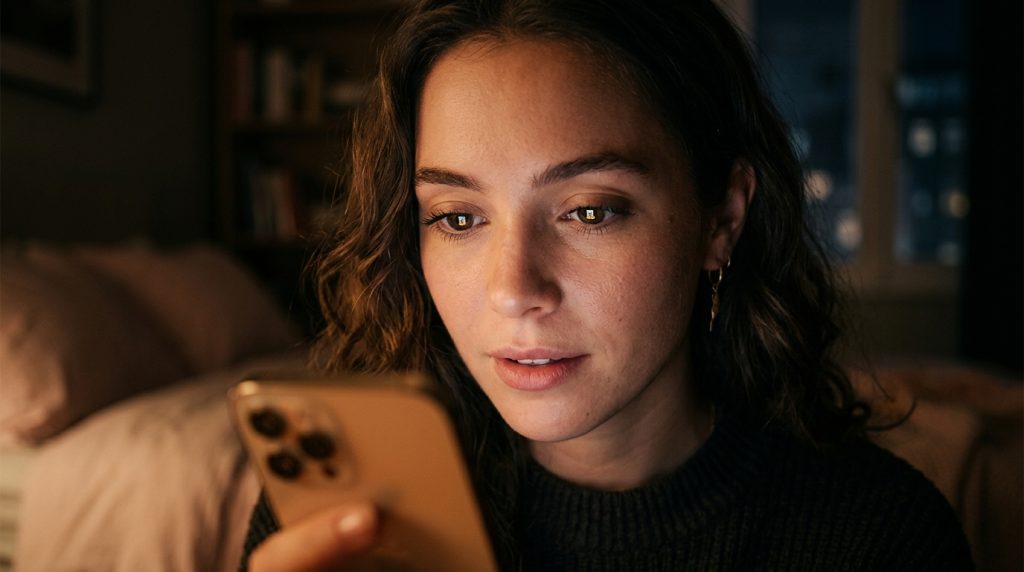 Bliskie ujęcie kobiety w ciemnym pokoju, której twarz jest oświetlona ciepłym blaskiem ekranu smartfona. Kobieta patrzy na telefon ze skupieniem.