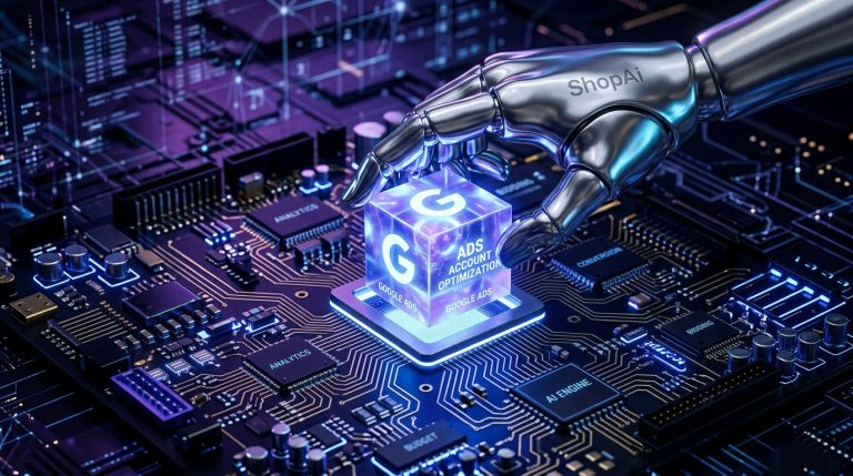 Metaliczna dłoń robota z napisem ShopAi umieszcza świecący niebieski sześcian z logo Google i napisem ADS ACCOUNT OPTIMIZATION w gnieździe na zaawansowanej płycie głównej komputera. Na komponentach widoczne są napisy ANALYTICS oraz AI ENGINE.