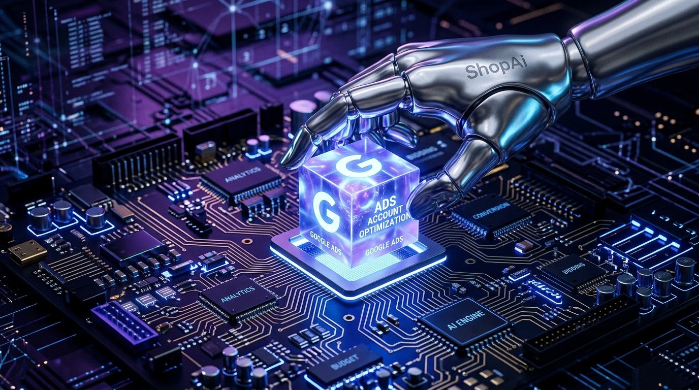 Metaliczna dłoń robota z napisem ShopAi umieszcza świecący niebieski sześcian z logo Google i napisem ADS ACCOUNT OPTIMIZATION w gnieździe na zaawansowanej płycie głównej komputera. Na komponentach widoczne są napisy ANALYTICS oraz AI ENGINE.
