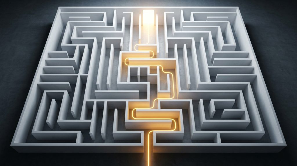 Biały, kwadratowy labirynt widziany z góry. Przez jego korytarze przebiega jedna, wyraźnie świecąca na pomarańczowo ścieżka, która prowadzi od wejścia u dołu prosto do jasnego, rozświetlonego wyjścia na górze.