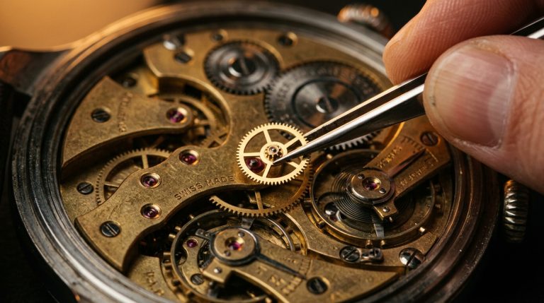 Zbliżenie na precyzyjny, mosiężny mechanizm zegarka z widocznymi trybami i rubinami. Pęseta trzyma małe koło zębate nad napisem „SWISS MADE”. W prawym górnym rogu widoczne palce zegarmistrza.