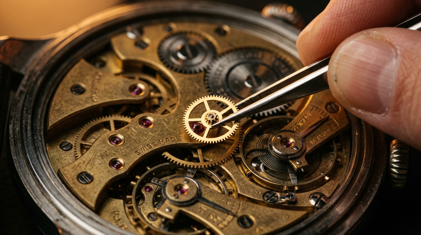 Zbliżenie na precyzyjny, mosiężny mechanizm zegarka z widocznymi trybami i rubinami. Pęseta trzyma małe koło zębate nad napisem „SWISS MADE”. W prawym górnym rogu widoczne palce zegarmistrza.