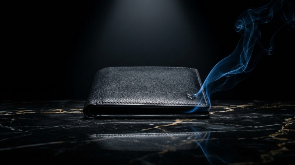 Czarny, skórzany portfel leżący na ciemnym, marmurowym blacie. Z prawego boku portfela wydobywa się niebieska smuga dymu. Całość oświetlona punktowo od góry na czarnym tle.