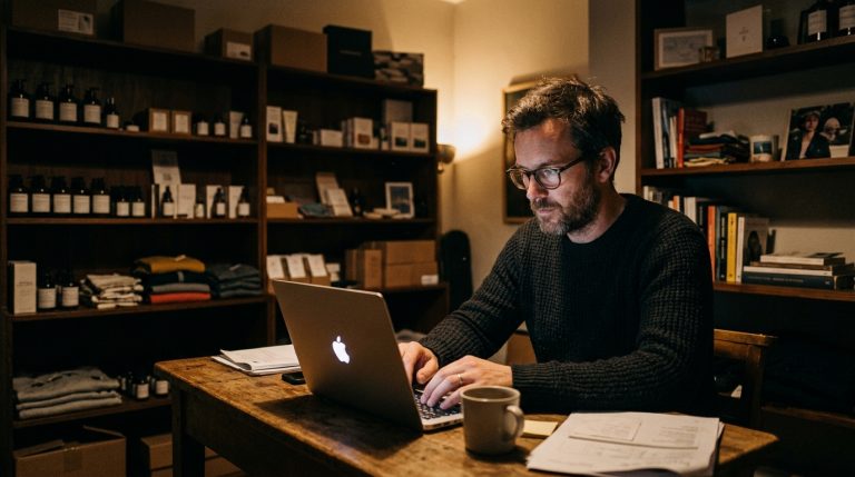 Mężczyzna w okularach i ciemnym swetrze pracuje przy laptopie na drewnianym stole w przytulnym, ciepło oświetlonym wnętrzu. W tle znajdują się wysokie regały wypełnione kosmetykami w ciemnych opakowaniach, książkami oraz ubraniami. Na stole obok komputera leżą dokumenty i stoi kubek.