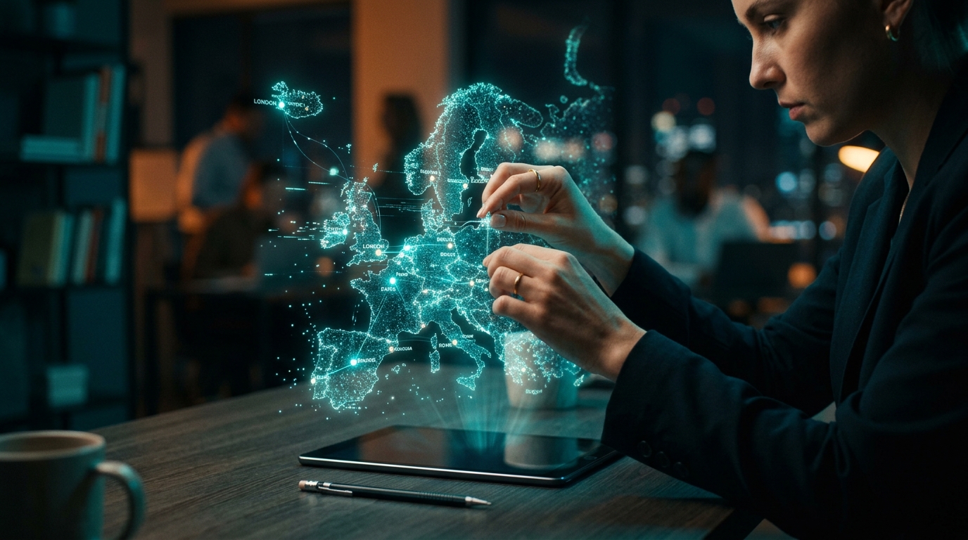 Kobieta w biurze manipuluje palcami nad trójwymiarowym hologramem mapy Europy z zaznaczonymi miastami (m.in. London, Paris, Rome). Mapa unosi się nad leżącym na biurku tabletem. Obok leży długopis i kubek. Tło jest ciemne i nieostre.
