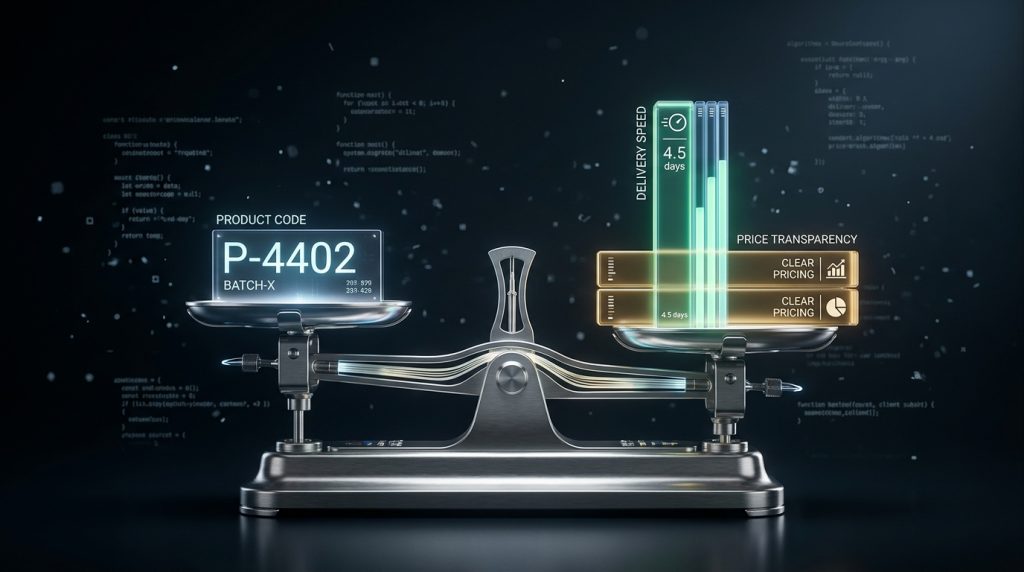 Metalowa waga szalkowa w równowadze na ciemnym tle z fragmentami kodu programistycznego. Na lewej szalce znajduje się szklany panel z napisem „PRODUCT CODE P-4402 BATCH-X”. Na prawej szalce umieszczono cyfrowe wskaźniki: pionowy słupek „DELIVERY SPEED 4.5 days” oraz dwa poziome moduły „PRICE TRANSPARENCY” z hasłem „CLEAR PRICING” i ikonami wykresów. Całość oświetlona błękitnym i złotym światłem, symbolizująca precyzję danych.
