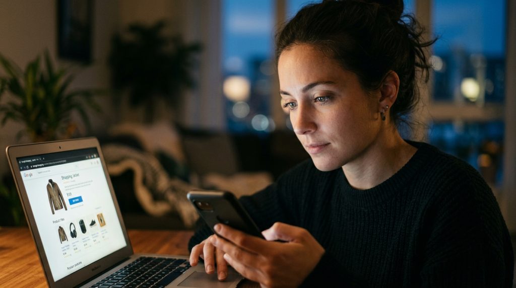 Kobieta skupiona na smartfonie, siedząca przy otwartym laptopie wieczorową porą. Na monitorze wyświetla się strona "Google Shopping" z produktami: brązową kurtką "Shipping jacket" w cenie 103 funtów oraz listą innych ubrań i akcesoriów. Tło jest rozmyte, z widoczną rośliną doniczkową i oknem.