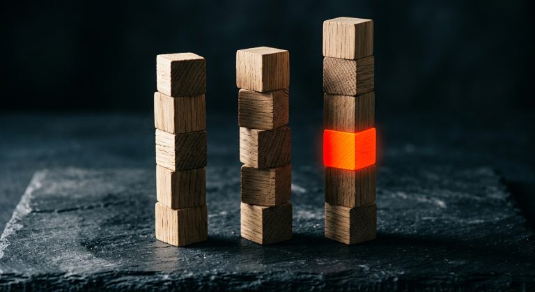 Trzy pionowe wieże ułożone z drewnianych klocków na ciemnym, kamiennym blacie. W trzeciej, najwyższej wieży, jeden z klocków świeci intensywnym, czerwonym światłem. Tło jest ciemne i rozmyte.