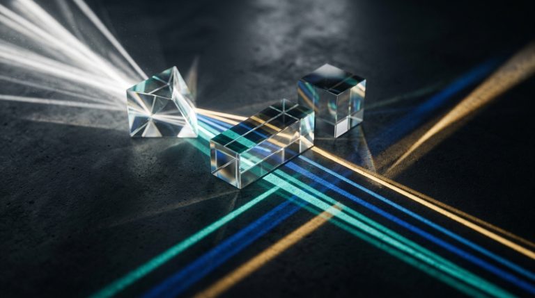 Trzy szklane bryły geometryczne – pryzmat, prostopadłościan i sześcian – ułożone na ciemnym, teksturowanym podłożu. Przez pryzmat przechodzi silna wiązka białego światła, która po załamaniu i przejściu przez pozostałe bryły rozszczepia się na wyraźne, równoległe linie w kolorach morskiej zieleni, błękitu i ciepłego złota.