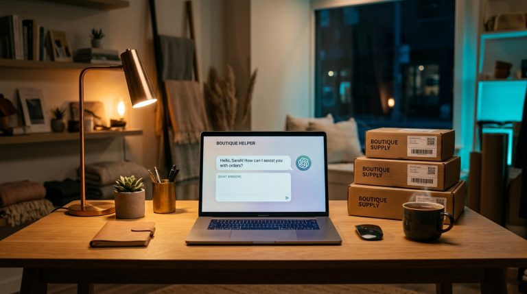 Otwarte biurko wieczorem z włączoną lampką, na którym stoi laptop wyświetlający okno czatu „Boutique Helper”, trzy kartonowe paczki z napisem „Boutique Supply” oraz kubek z ciepłym napojem.